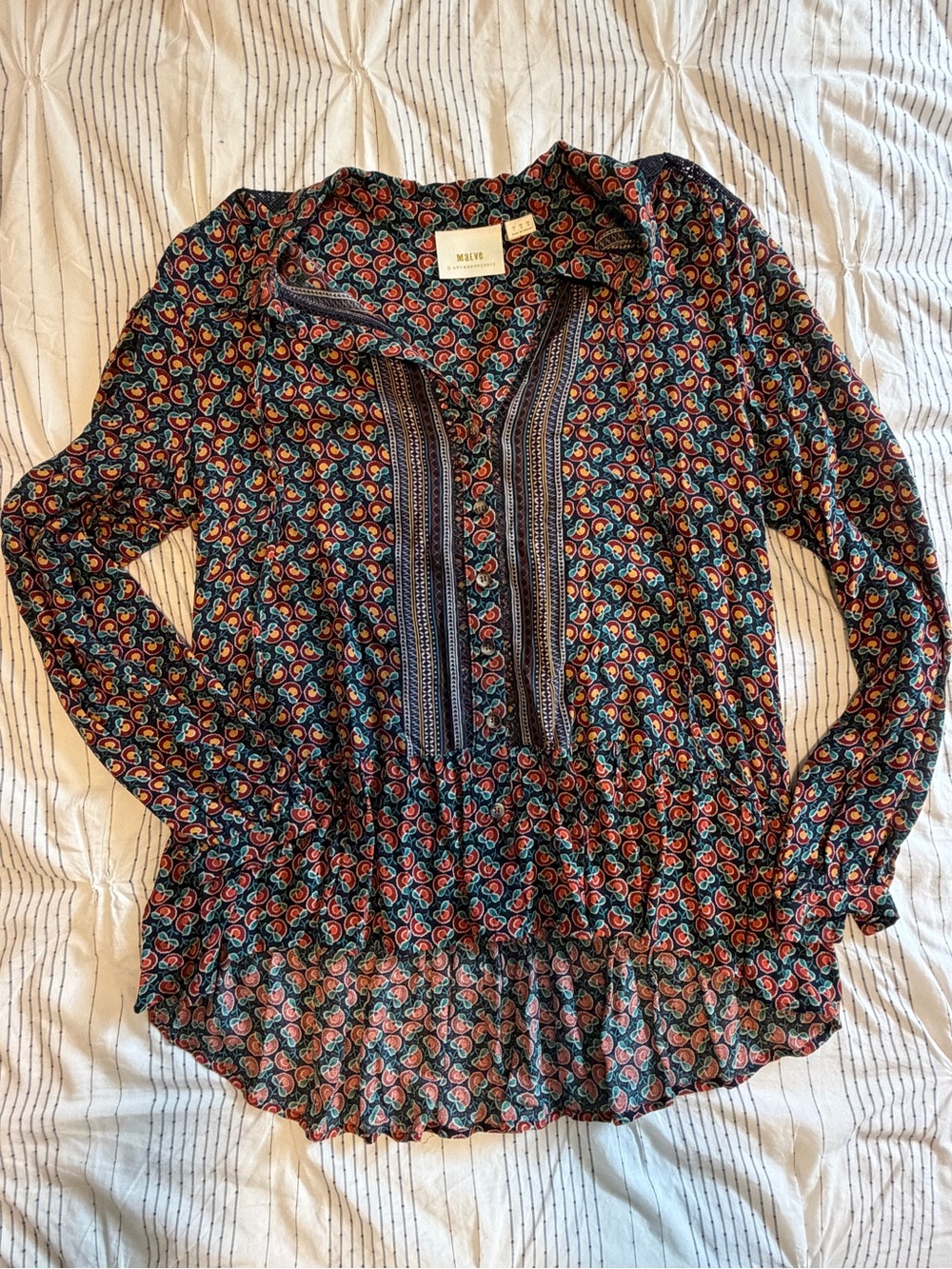 Anthropologie Multicolor Paisley Long-Sleeve Peplum Blouse